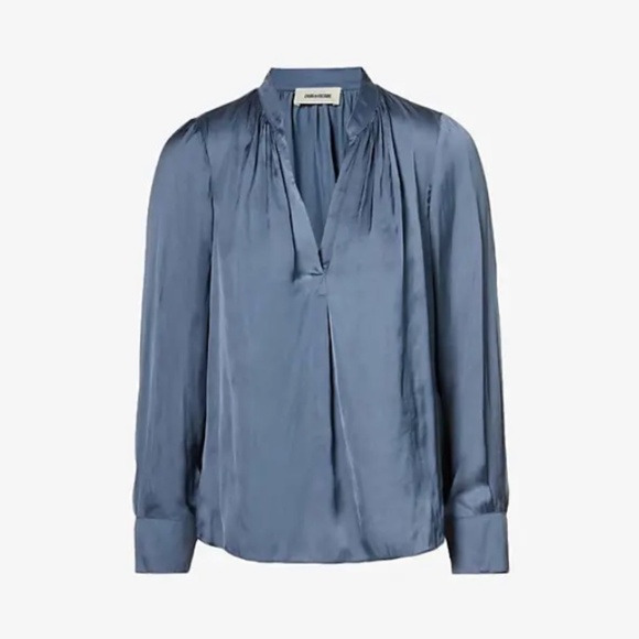 ZADIG&VOLTAIRE Tink Blue Long Sleeve Relaxed-Fit Satin V-Neck Blouse Size Medium - Picture 7 of 8